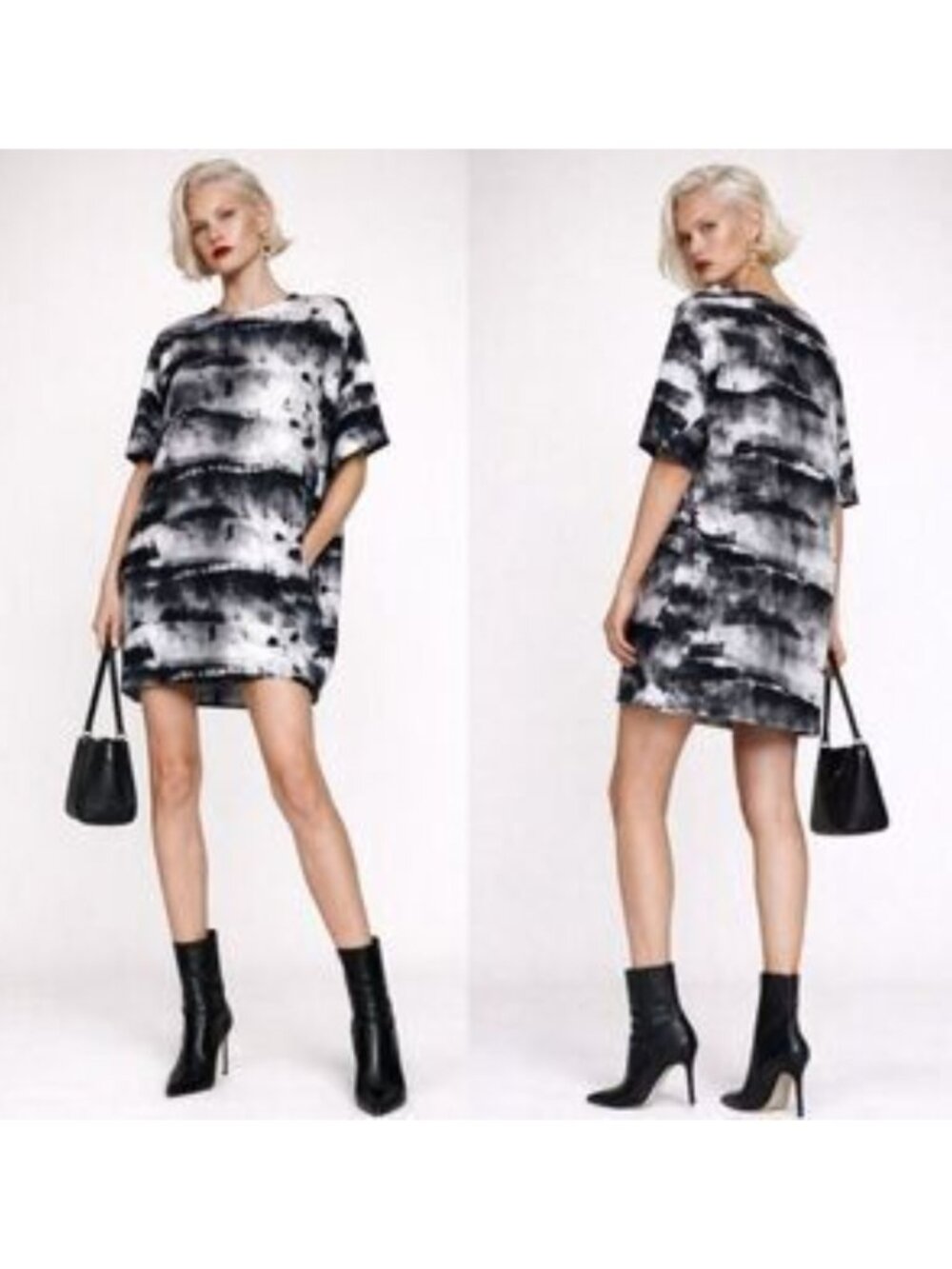 THE KIT Maya Shirt Dress Black Ink Abstract Lagenlook Minimalist Art-to-Wear XS